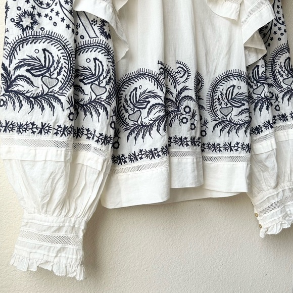 ULLA JOHNSON White Black Annetta Ruffle Embroidered Top Sz 2 - Picture 8 of 16
